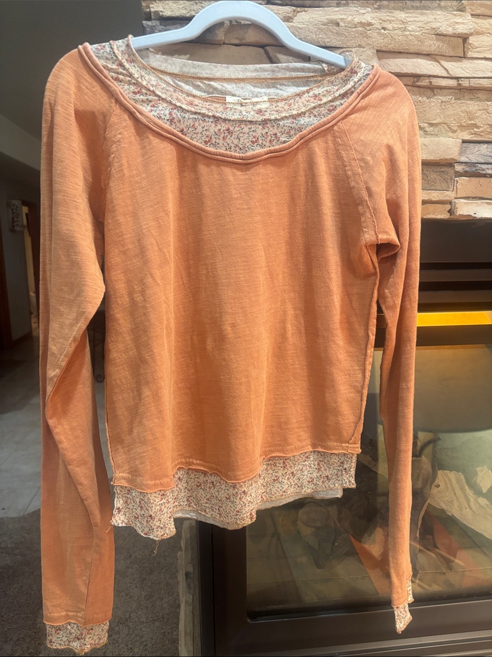 Oli & Hali Rust Long-Sleeve Layered Floral-Trim Top